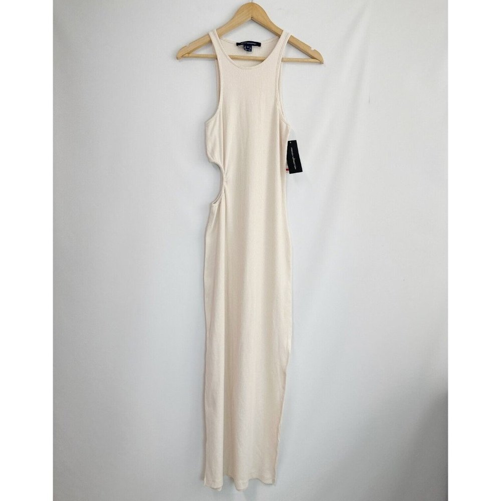 French Connection Rasha Cutout Detail Body-Con Stretch Cotton Dress in Ecru M - Picture 3 of 6